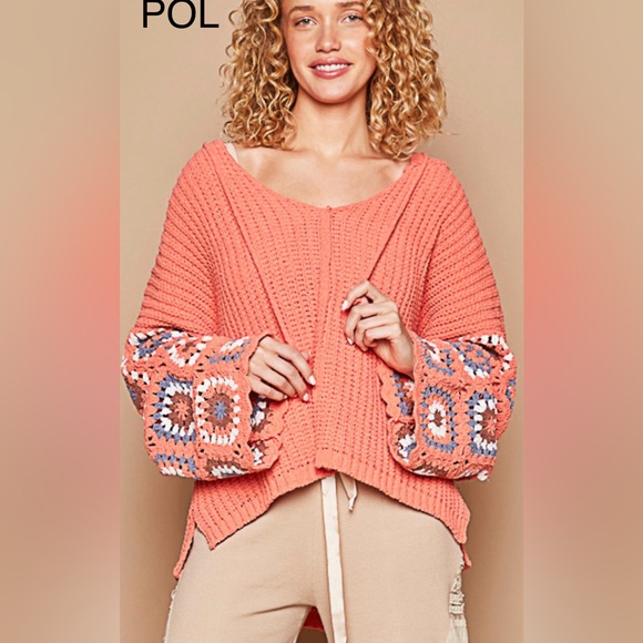72. 🔥 POL Coral V-Neck Oversized Sweater Hoodie with Granny Square Sleeves - Picture 2 of 11